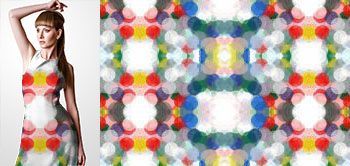 20001 Materiał ze wzorem kolorowe okrągłe elementy geometryczne (biały, niebieski, czerwony, zielony, żółty) nachodzące na siebie